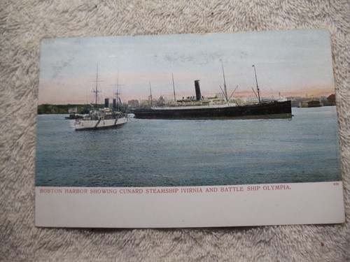 Cunard Steamship Ivirnia Battleship Olympia Boston Harbor 1901 MA Postcard FREE