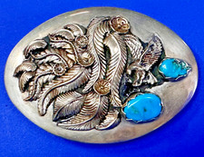 Native American Indian Eagle Feather Floral Theme Turquoise Stone Belt Buckle
