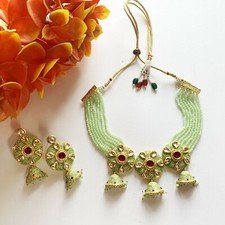 Kundan Meenakari Green Necklace Set India Wedding Traditional Bridesmaid Jewelry
