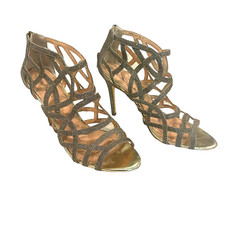 NINA Gold Sparkle Strappy Cage Zip Open-Toe Cocktail Wedding Heels