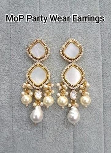Matte Gold Mother of Pearl Long Drop Dangle Party Wear Earring - Picture 1 of 2