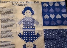 VTG Ameritex Country Classic Sweet Hearts DOLL Cut-N-Sew Blue Fabric Panels