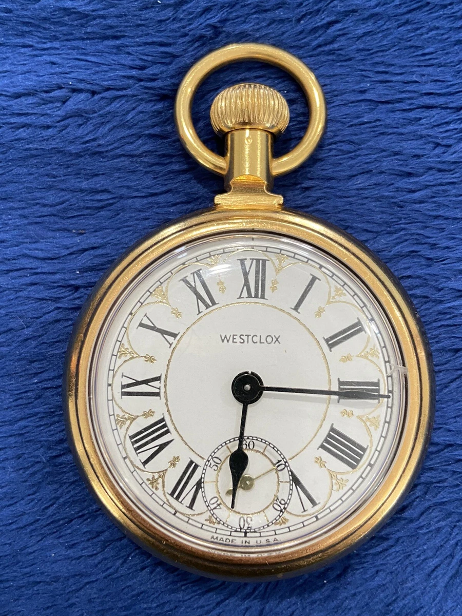 Westclox Engraved Train Locomotive Pocket Watch Gold Tone Wind Up