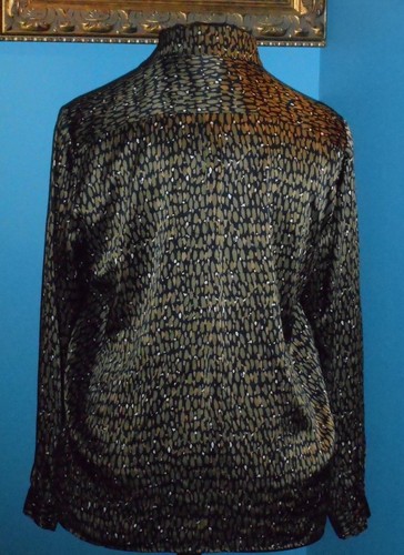 USA 10 Silk Satin Blouse Art Nouveau Silver Bronze Long Sleeve Black - Picture 4 of 9