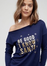 V By Very Ladies Foil Star Christmas Pyjamas Set Slogan Blue Gold UK Size 8-10
