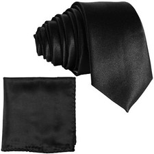 Men's Satin Solid Skinny Slim 2.5" Necktie and Pocket Square Hankie Set Wedding