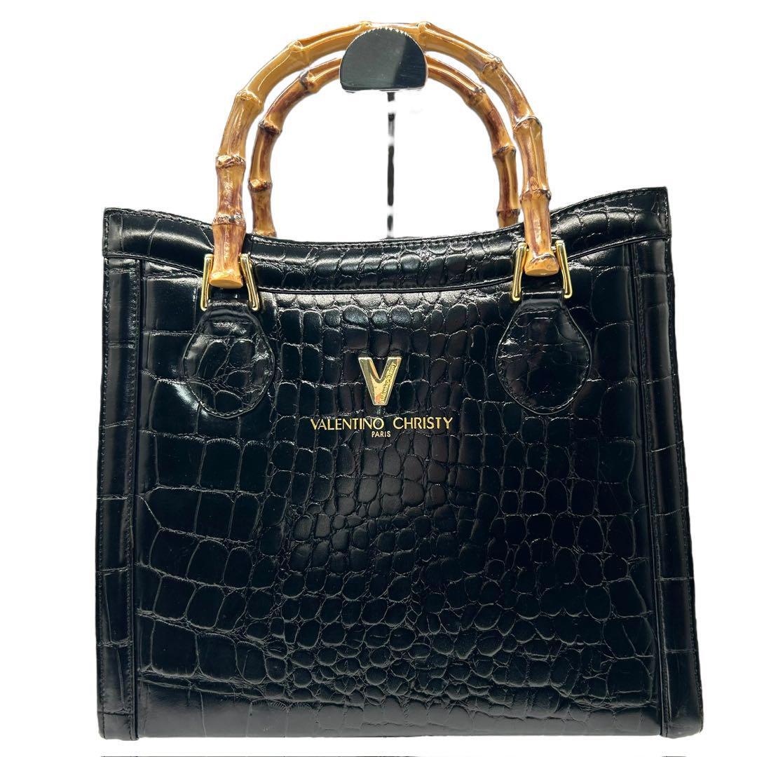 VALENTINO Handbag Tote Logo Crocodile Leather Black Women's