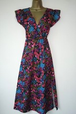 SHEIN BLACK FLORAL FIX WRAP MIDI TEA DRESS SIZE L 12 14 SLIT LEG