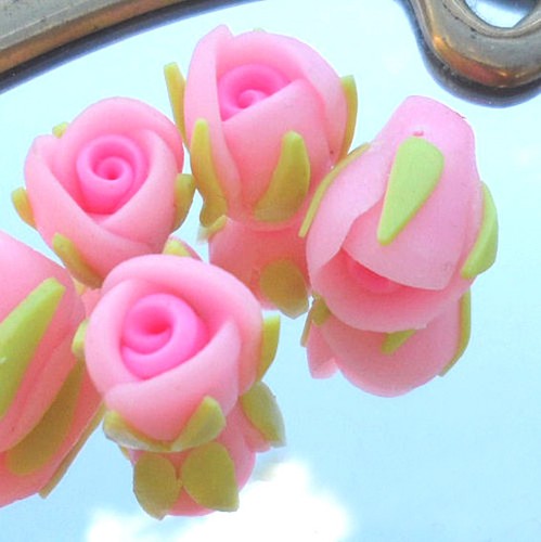3 Perles FIMO POLYMÈRE - BOUTON de ROSE - ROSE & VERT - 16/18 mm - Picture 2 of 3
