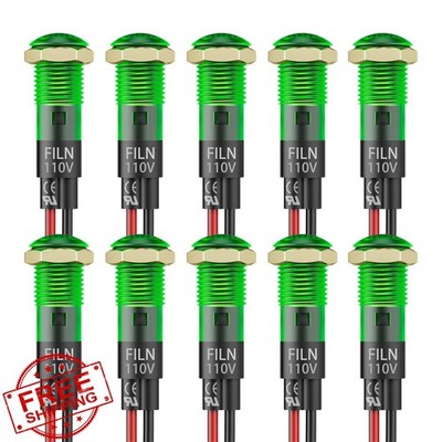 FILN 8mm 110v Green LED Indicator Light 10 Pcs