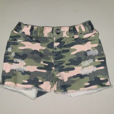 The Childrens Place Girls Pink  Green Camo Distressed Denim Shorts