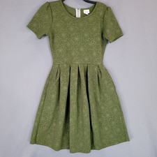 LuLaRoe Women's Olive Green M Textured A-Line Pleated Pocket Dress