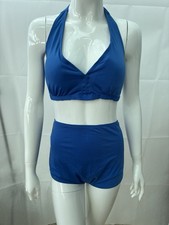 Women's Blue Halter Neck Bikini Set High Waisted Shorts 2-Piece Swimsuit XXL New
