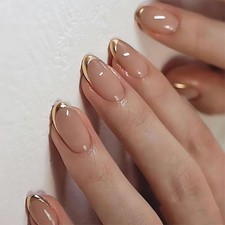 French Tip Press on Nails Almond Fake Nails Medium False Nails with Gold Tips