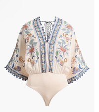 Farm Rio Floral Bodysuit, Beige and Blue New Large Sold Out Style 