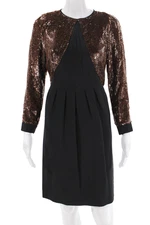 Geoffrey Beene Womens Sequined Long Sleeves Sheath Dress Black Brown Size 6