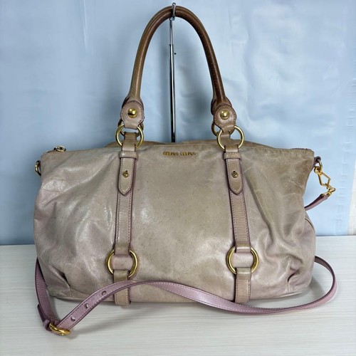 Miu Miu Bag Vitello Lux 2Way Shoulder Handbag Beige Pink Leather Used from Japan