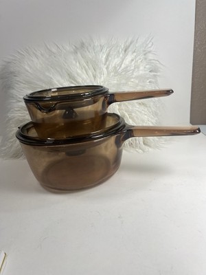2 Vintage Pyrex Corning Amber Vision Ware 1L & 2L Glass Sauce Pan with Lids USA