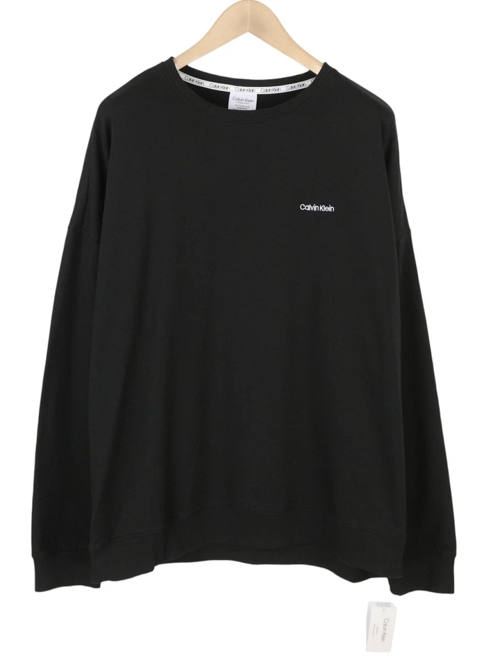 CALVIN KLEIN Homme Sweatshirt XL Noir Crew Logo Brodé Vêtements De Nuit Pull On - Photo 2/4