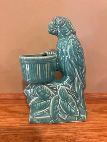 Nelson McCoy Vintage Pottery Turquoise Parrot Bird Planter Vase