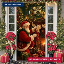 Christmas Santa Claus Door Cover with 19.69ft Ribbon, Merry Xmas Stockings Door