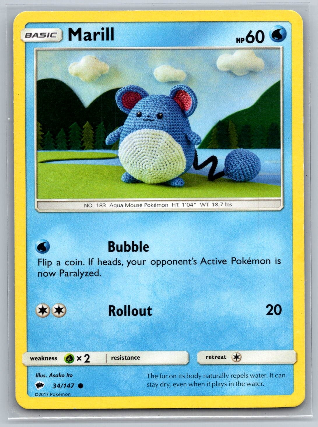 2017 Pokemon Marill 34/147 Common Burning Shadows NM Cute Card!