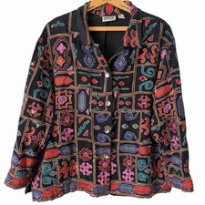Vintage Chico s Design Embroidered Jacket Size 3 Black Colorful Art