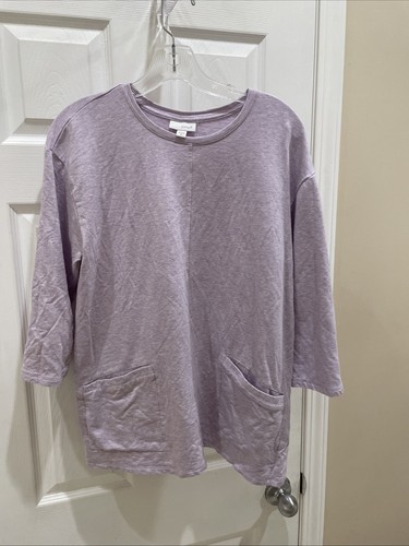 PURE JILL Women gorgeous Purple pull over Top Stretch 3/4 sleeve Sweater Sz M