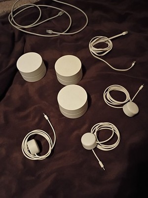 Google Wifi Mesh Router 3-Pack GJ2CQ with all power cords and 2 Ethernet  cables