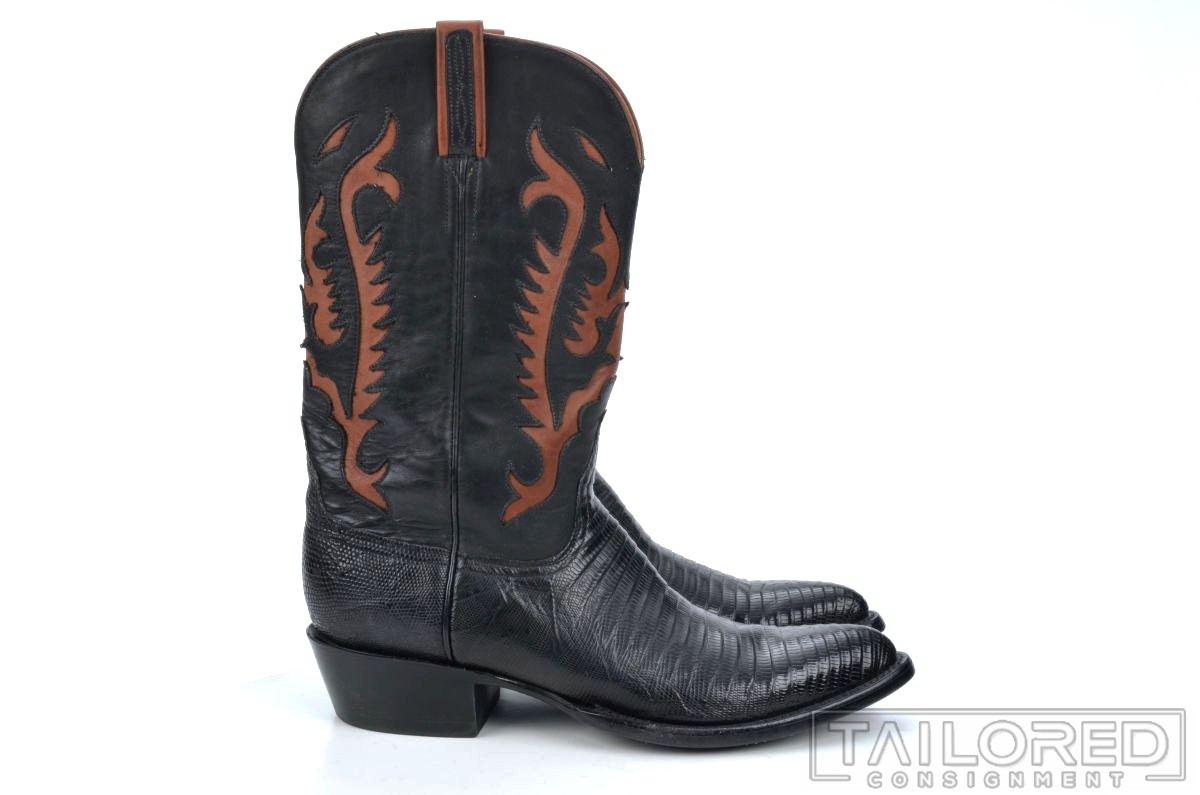 LUCCHESE Classic Solid Black Leather LIZZARD Shoe… - image 2
