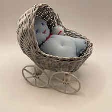 Vintage Small Wicker Baby Carriage with Hand Made Baby