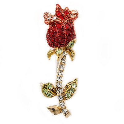 Kleine rote, grüne österreichische Kristall Brosche ''Rose'' in Vergoldung - 43 mm L