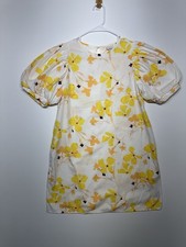 A New Day White Yellow Floral Puff Sleeve Shift Dress Round Neck Short M Cotton