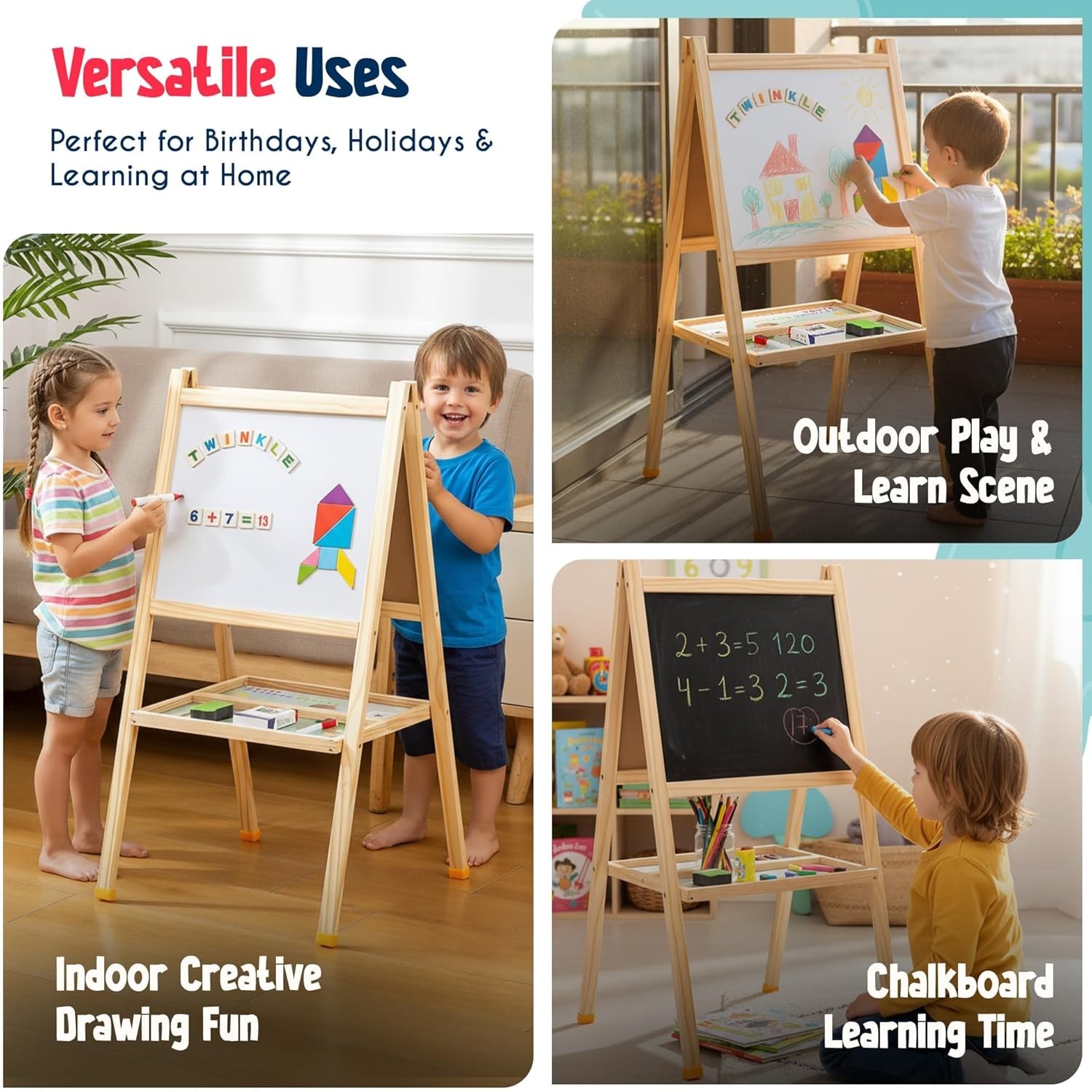 Wooden Kids Art Easel Double Sided Adjustable Height Accessories Chalk Marker