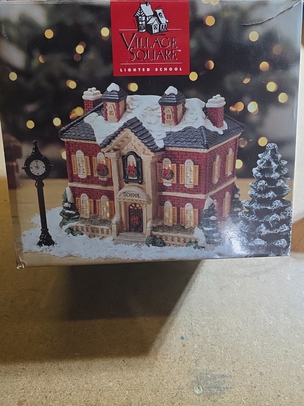 Christmas Village Square Mervyns Lighted School Building With Light,  1995.