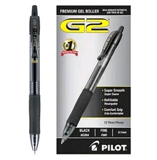 Pilot G2 Retractable Gel Pens, Fine Point, 0.7mm, Black Ink, Dozen