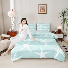 Ocean Bedding Set Full Size,Blue White Geometric Stripes Comforter 3pcs,Starf...
