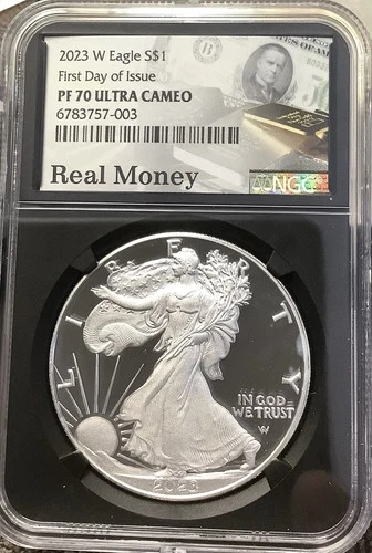 2023-W 1oz Proof Silver Eagle NGC PF70 UC First Day of Issue “Real Money” Spots