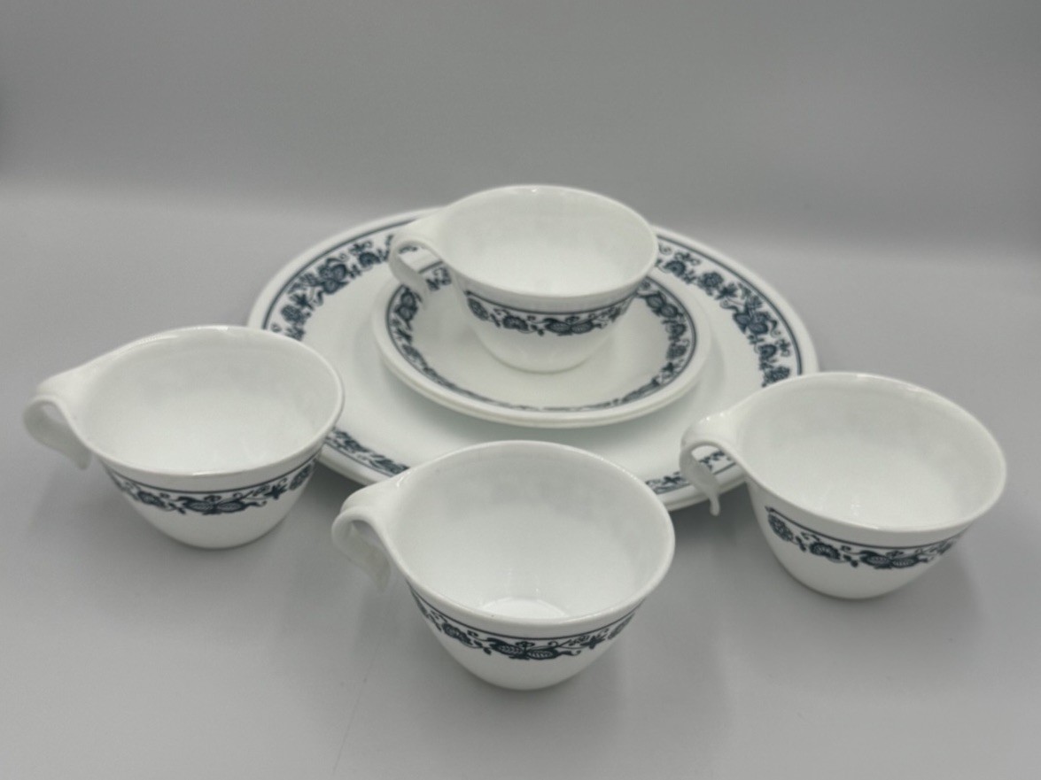 Vintage Corelle Old Town Blue Dinnerware, featuring the "Blue Onion" Pattern.