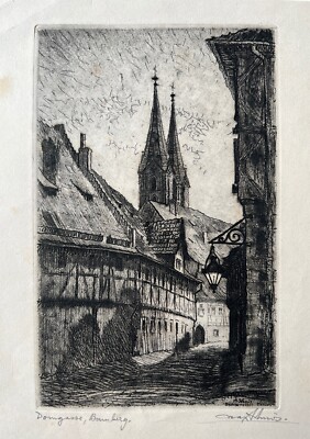 ORIGINAL ETCHING Max Schnös ''Domgasse Bamberg''  1923 PENCIL SIGNED German Artist