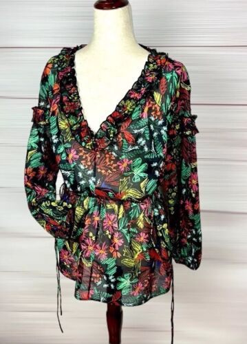 ESCADA Sport V-neck Top Blouse Tunic Cotton Ruffle Detail Long Sleeve EUR 34 US4