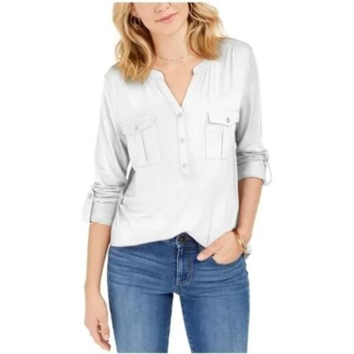 Style & Co Plus Womens 1X Vanilla Bean Roll Tab Button Up Shirt NWT I32