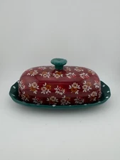 Pioneer Woman Covered Butter Dish Fall Flowers Polka Dots Teal Burgundy