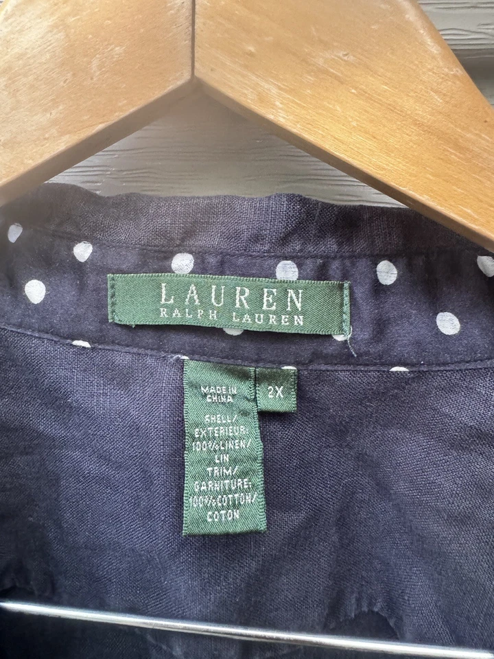 Blusa Camisa Top Lunares Ralph Lauren Talla 2X Azul Marino Logo Monograma 100% Lino Foto 2 de 4