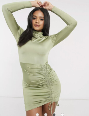 Femme Luxe slinky long sleeve ruched detail mini dress pistachio green size  10 | eBay UK