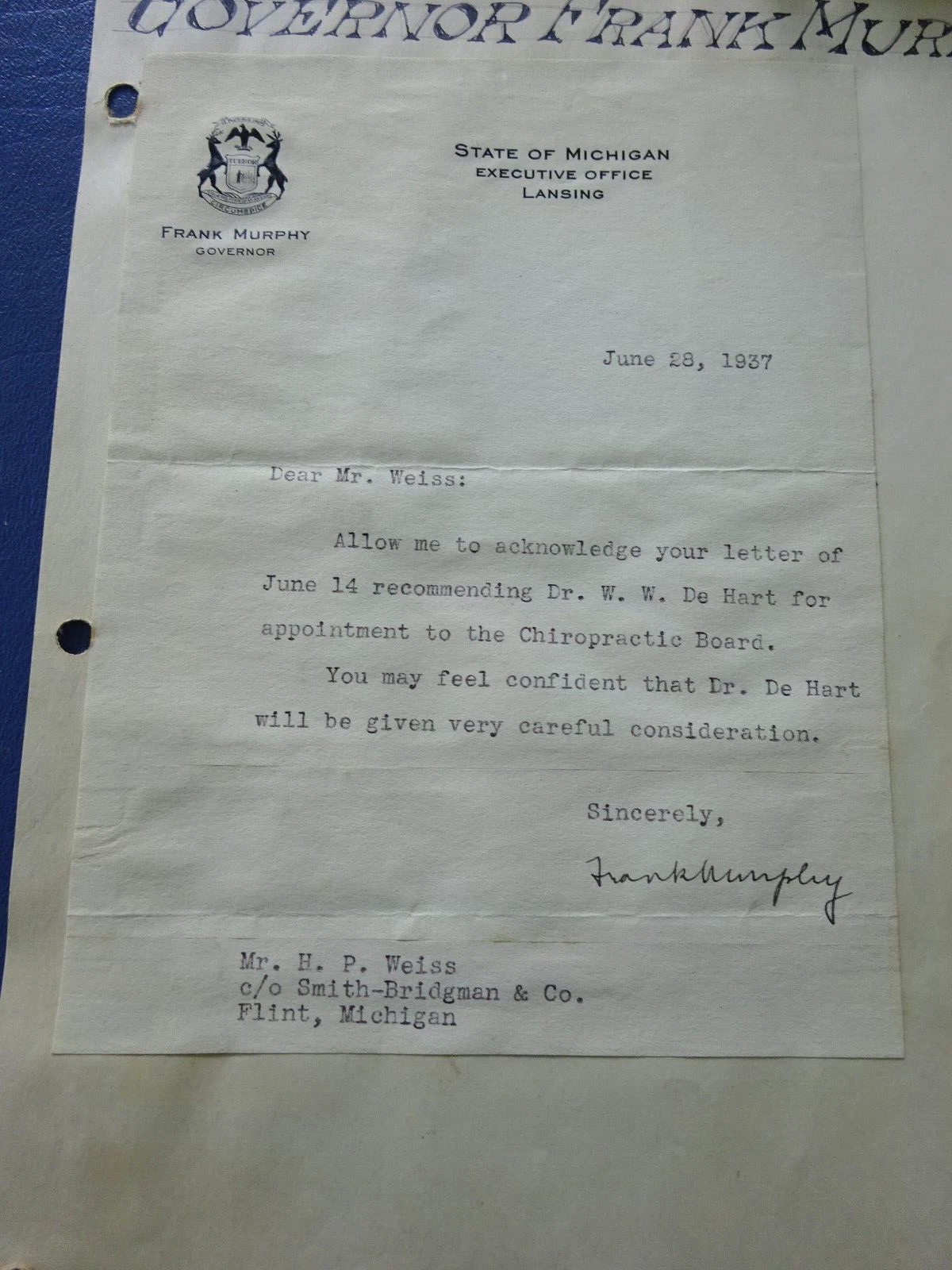 Lettre autographe de l'État 1937, gouverneur du Michigan Frank Murphy, juge de la Cour suprême