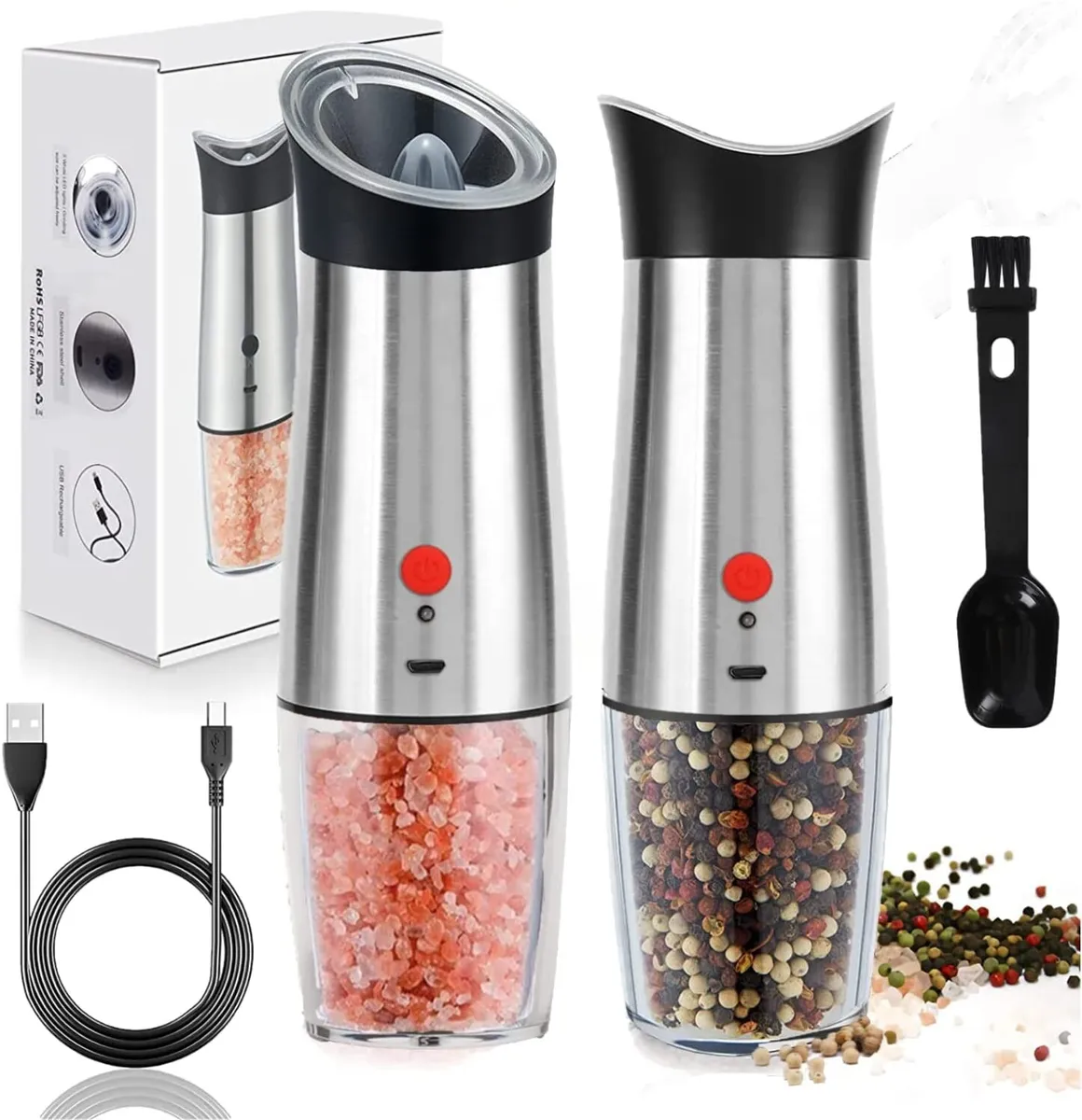 Rechargeable Salt and Pepper Grinder Set, Gravity Electric Pepper