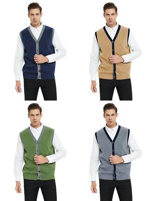 Men's Sweater Vest V Neck Button Cardigan Sleeveless Basic Knitted Work Casual