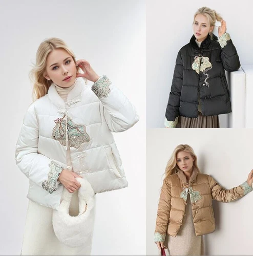 OFF WHITE Cappotto donna invernale retrò spesso giacca ricamo piumino d'anatra cotone caldo outwear