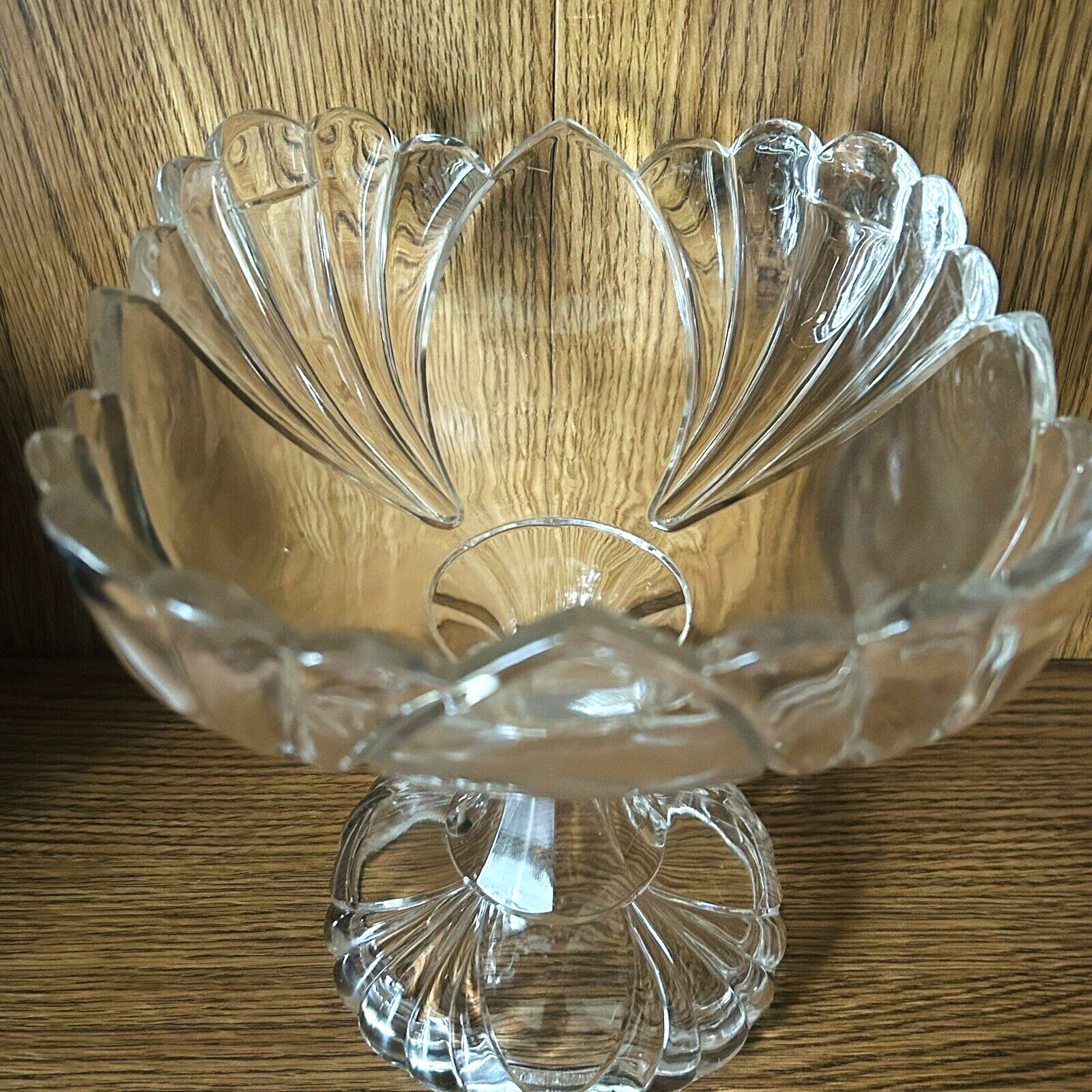 Vintage Clear Glass Pedestal Compote Candy Dish Floral Scalloped EAPG 7.5"